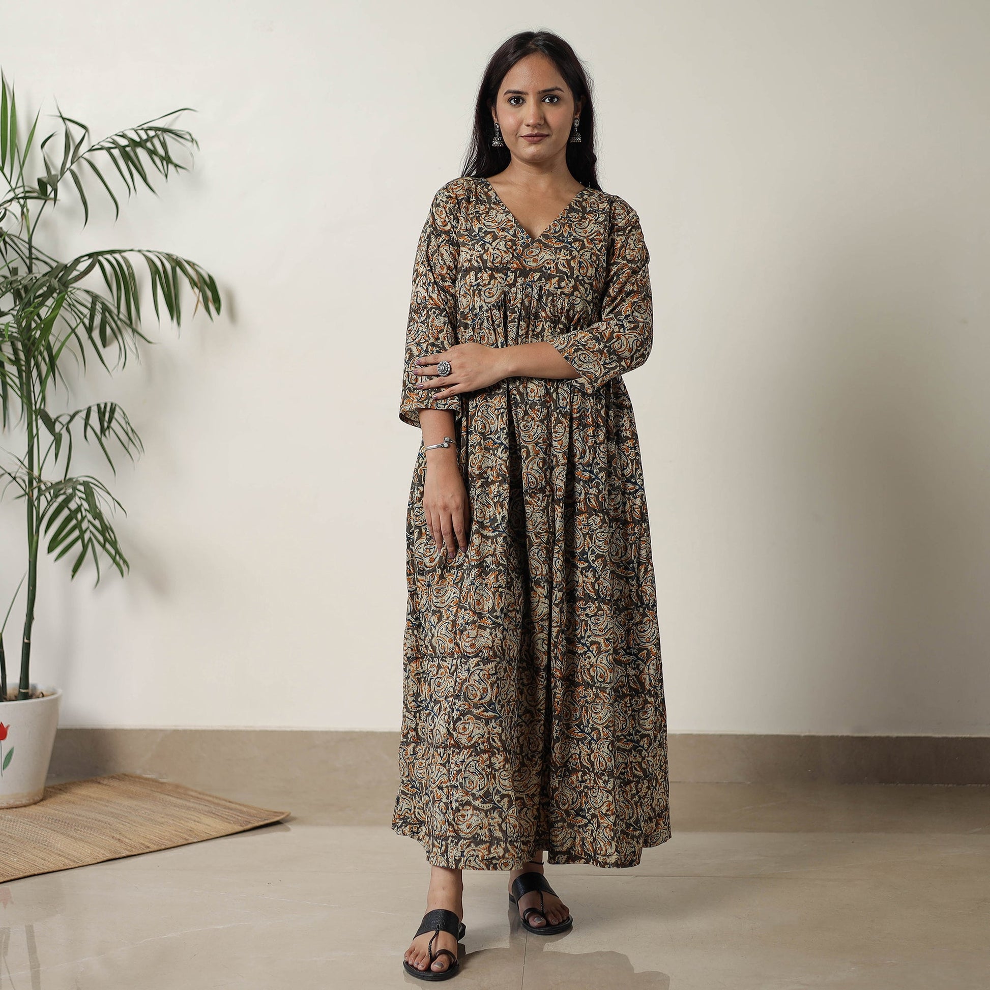 Brown - Pedana Kalamkari Block Printed Cotton Flared Dress 05