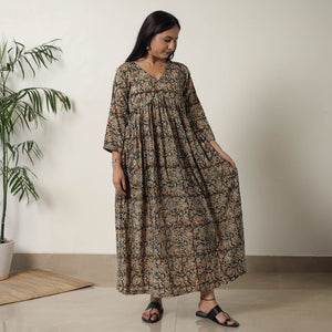 Brown - Pedana Kalamkari Block Printed Cotton Flared Dress 05