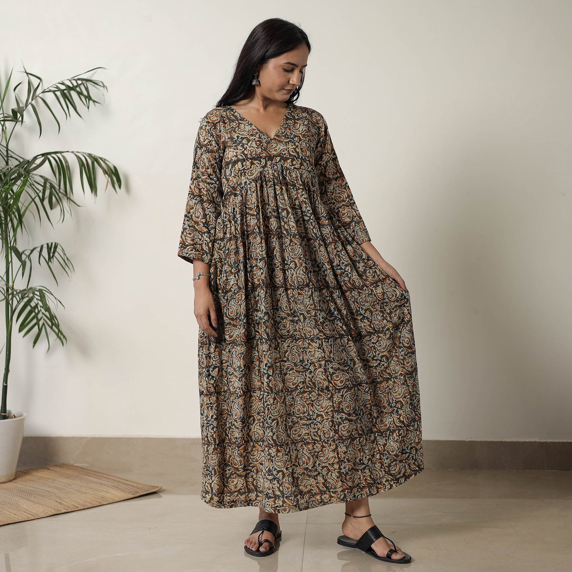 Brown - Pedana Kalamkari Block Printed Cotton Flared Dress 05