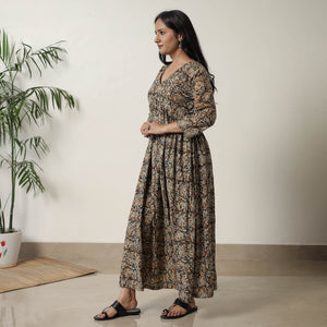 Brown - Pedana Kalamkari Block Printed Cotton Flared Dress 05