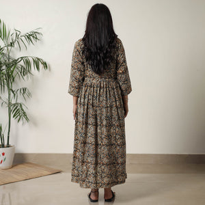 Brown - Pedana Kalamkari Block Printed Cotton Flared Dress 05