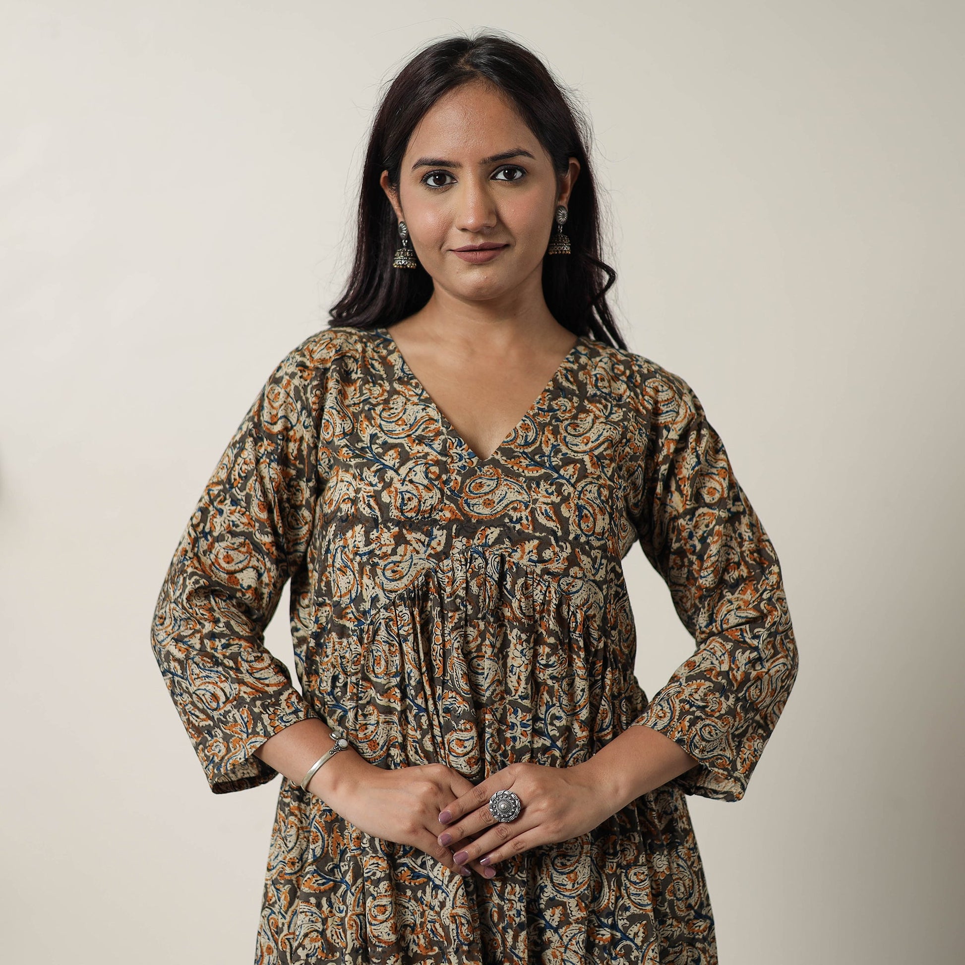 Brown - Pedana Kalamkari Block Printed Cotton Flared Dress 05