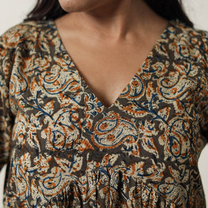 Brown - Pedana Kalamkari Block Printed Cotton Flared Dress 05