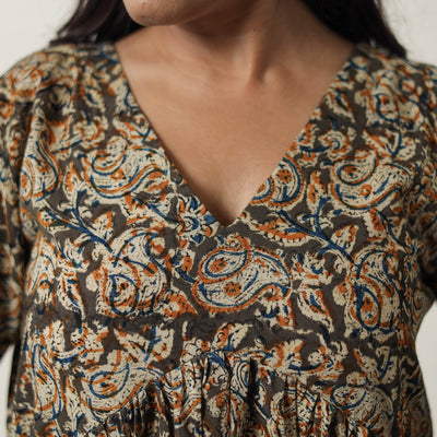 Brown - Pedana Kalamkari Block Printed Cotton Flared Dress 05