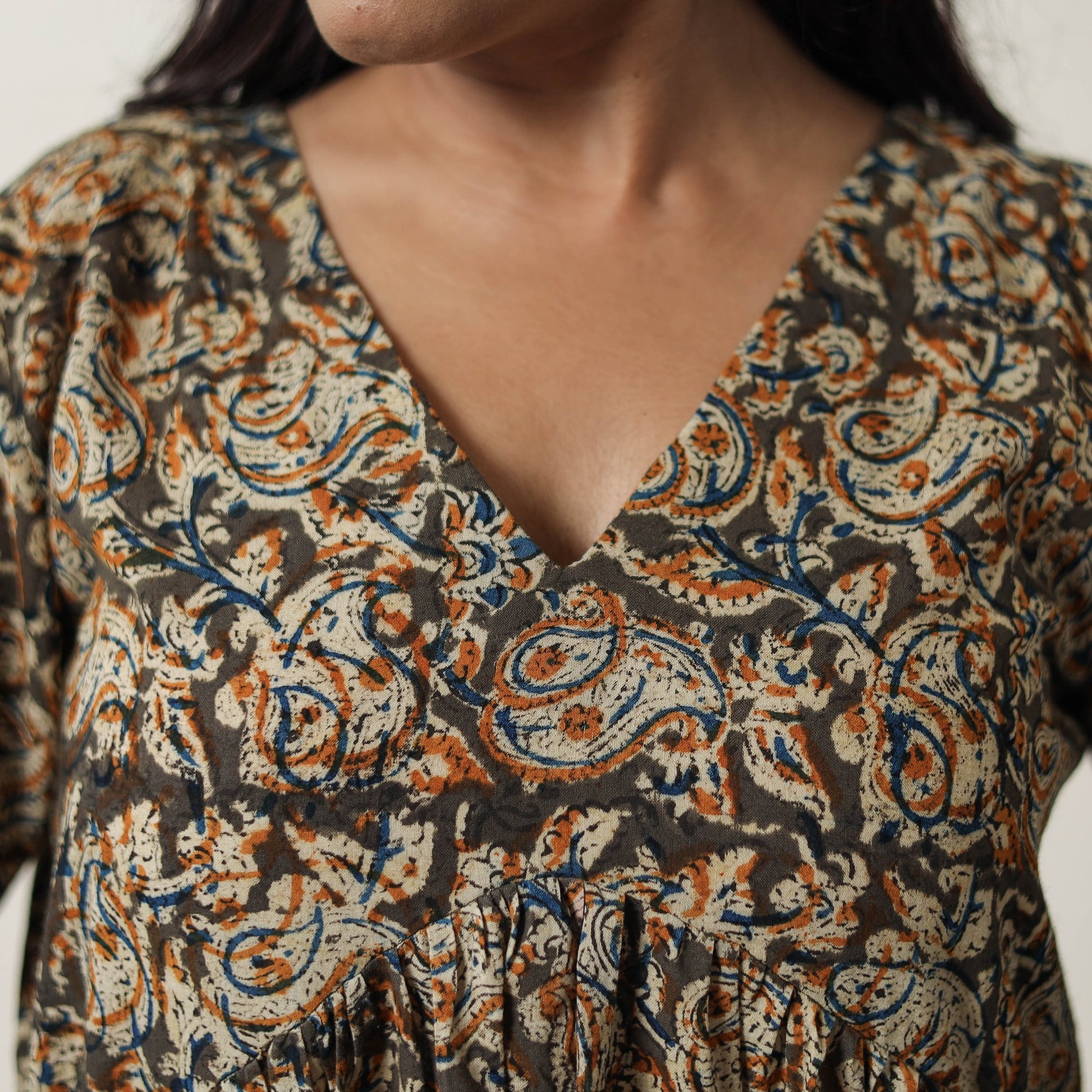 Brown - Pedana Kalamkari Block Printed Cotton Flared Dress 05