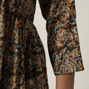 Brown - Pedana Kalamkari Block Printed Cotton Flared Dress 05