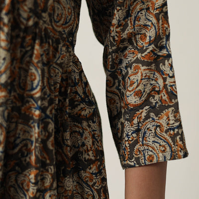 Brown - Pedana Kalamkari Block Printed Cotton Flared Dress 05