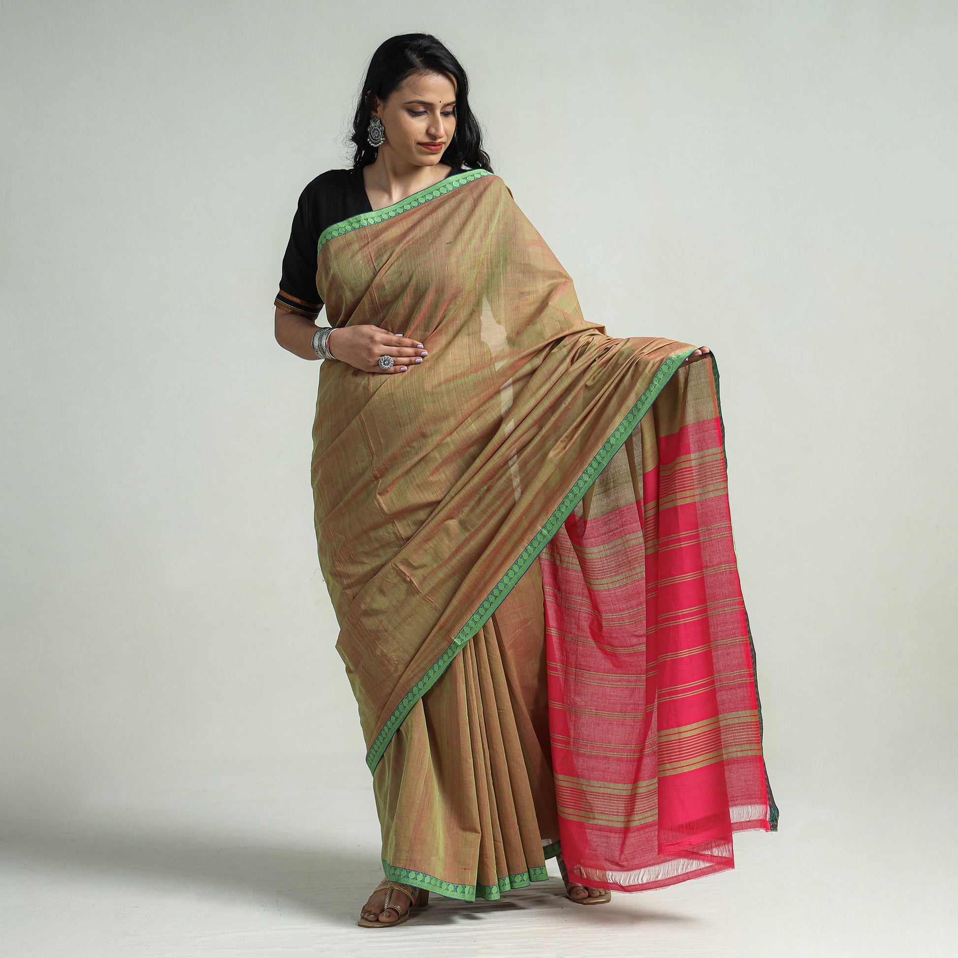 Brown - Mangalagiri Godavari Handloom Rudraksha Border Cotton Saree