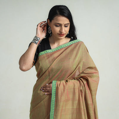 Brown - Mangalagiri Godavari Handloom Rudraksha Border Cotton Saree