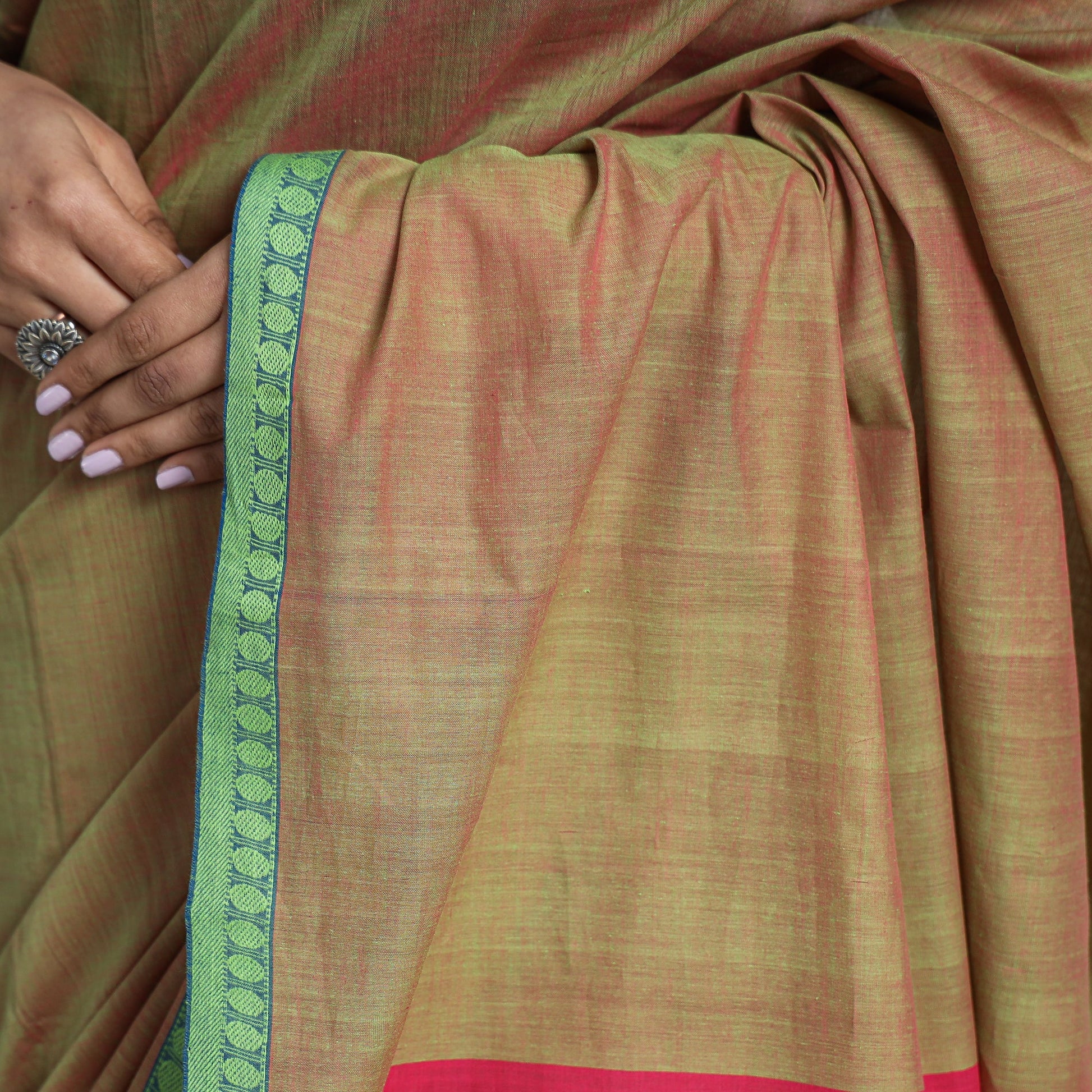 Brown - Mangalagiri Godavari Handloom Rudraksha Border Cotton Saree