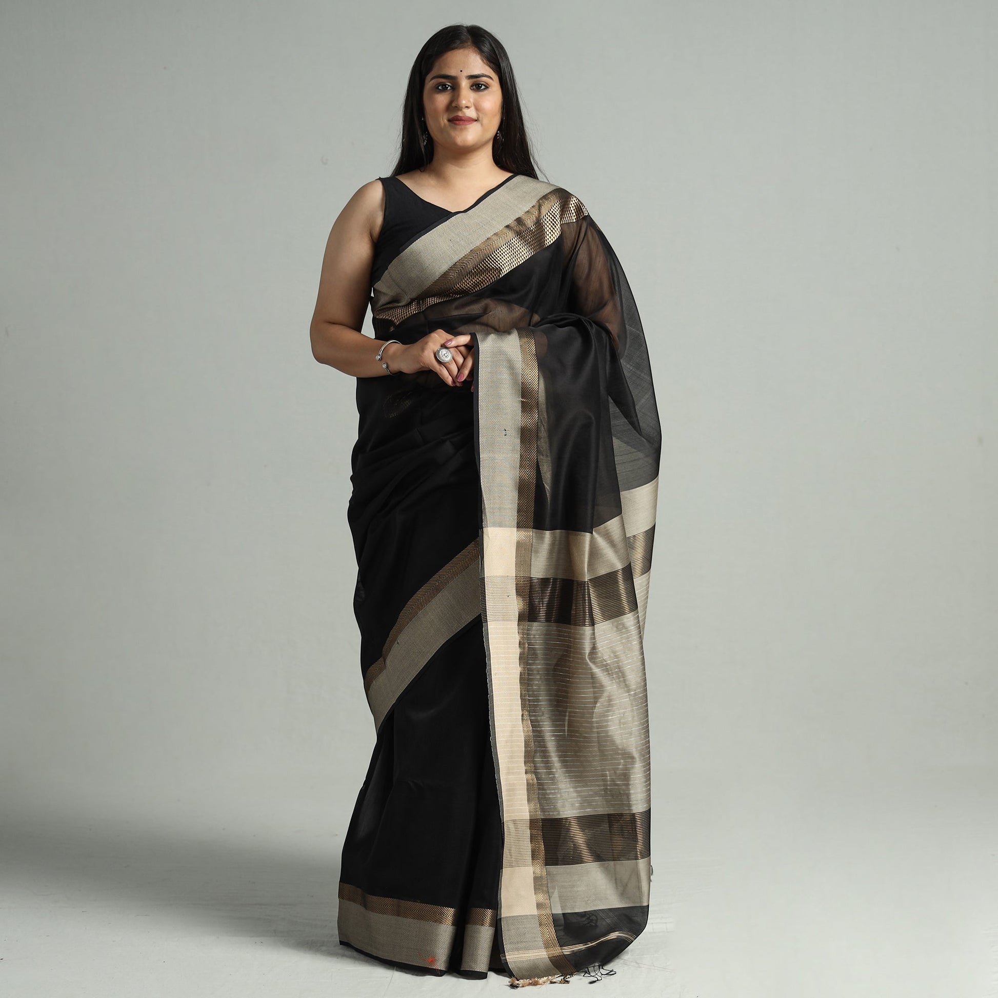 Black - Traditional Handloom Maheshwari Silk Cotton Saree 58