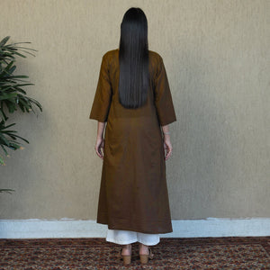 Brown - Mulmalai Cotton Plain Dyed A-Line Kurta