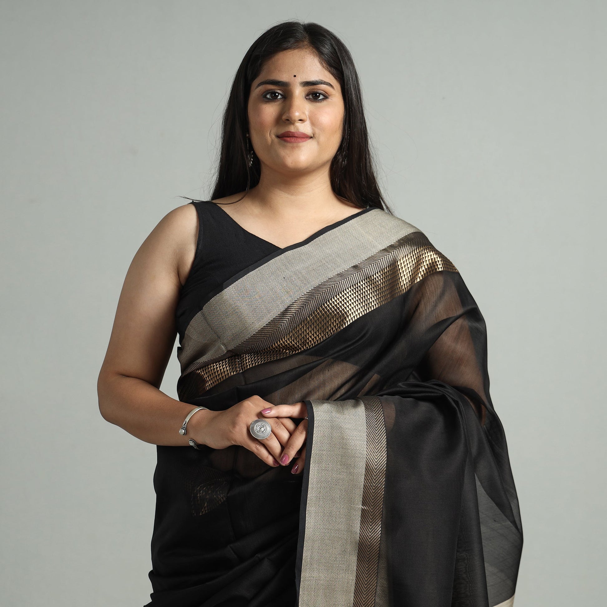 Black - Traditional Handloom Maheshwari Silk Cotton Saree 58