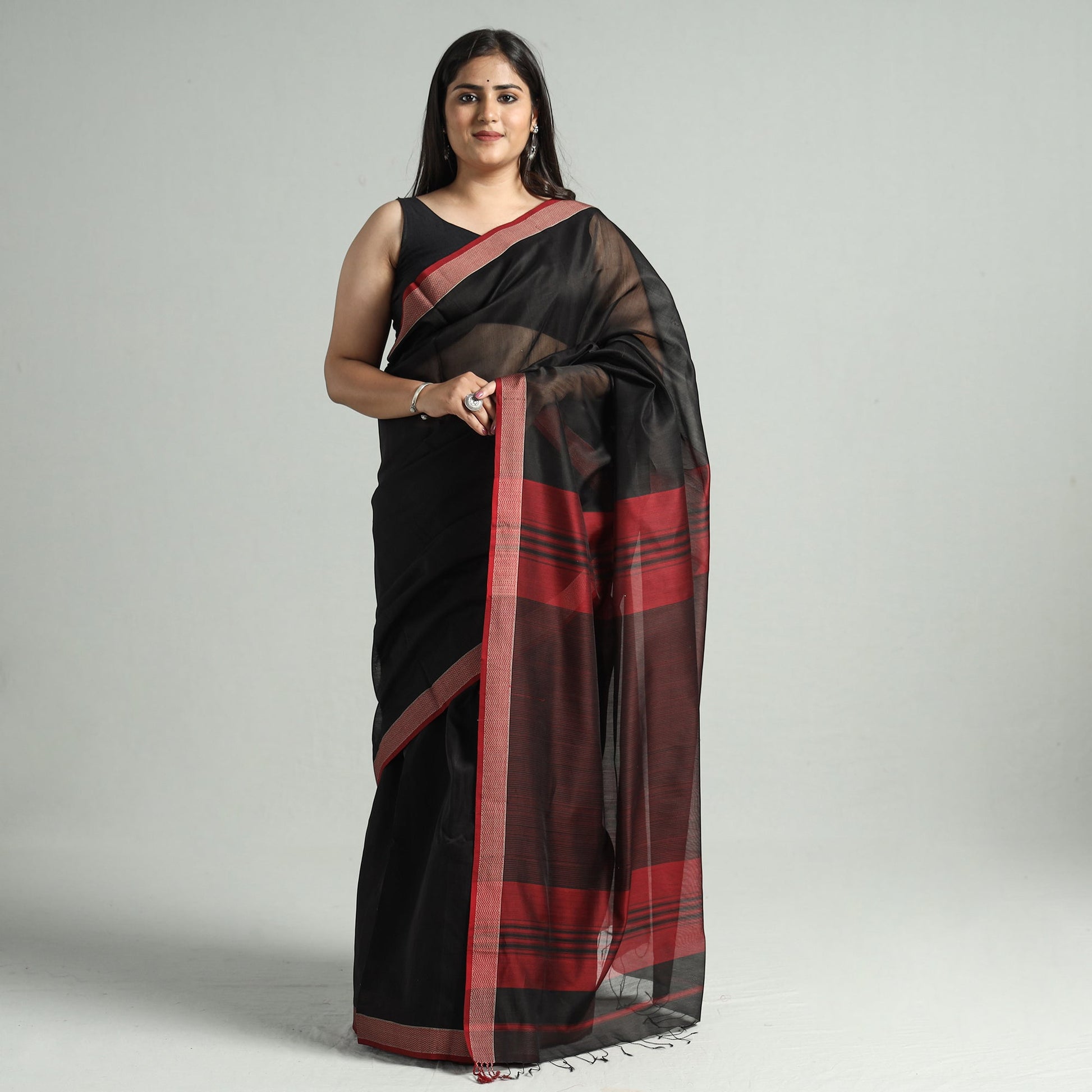 Black - Traditional Handloom Maheshwari Silk Cotton Saree  59