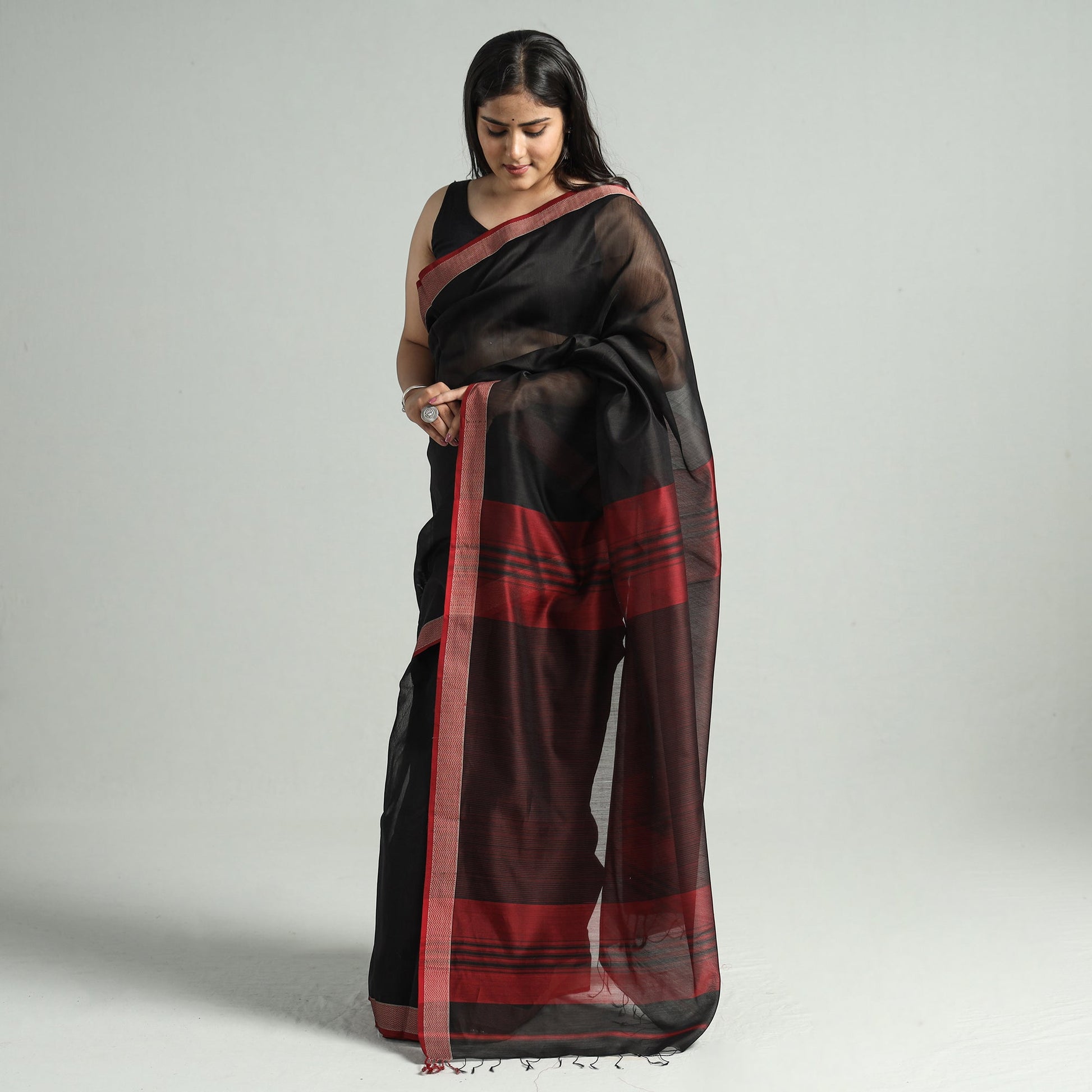 Black - Traditional Handloom Maheshwari Silk Cotton Saree  59