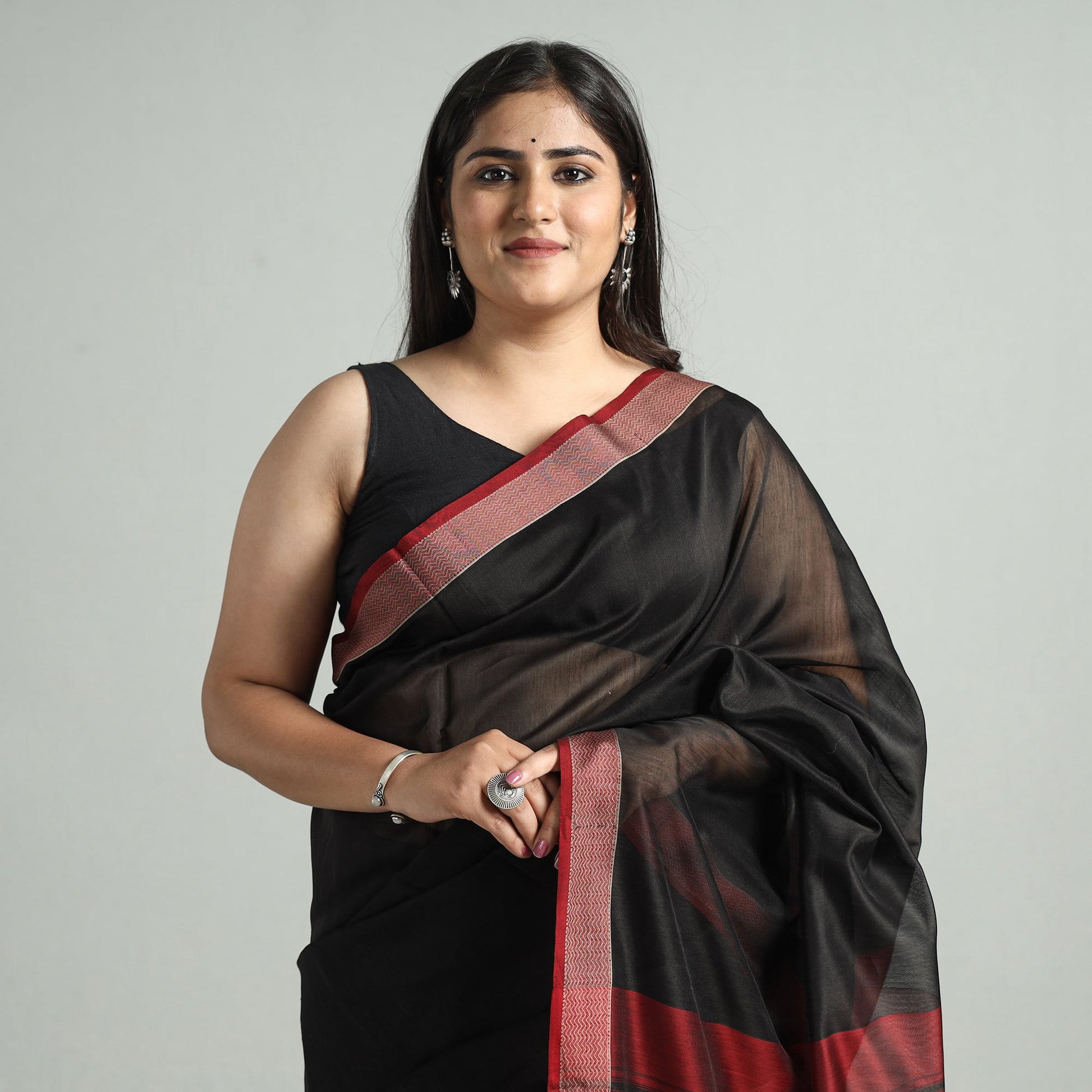 Black - Traditional Handloom Maheshwari Silk Cotton Saree  59