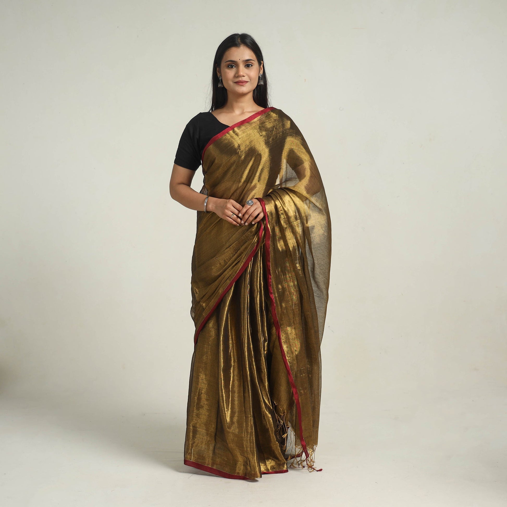 Brown - Bengal Fine Tissue Zari Saree 03