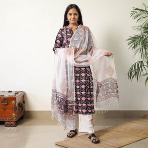 Black - Sanganeri Block Printed Cotton Kurta with Palazzo & Dupatta Set 16