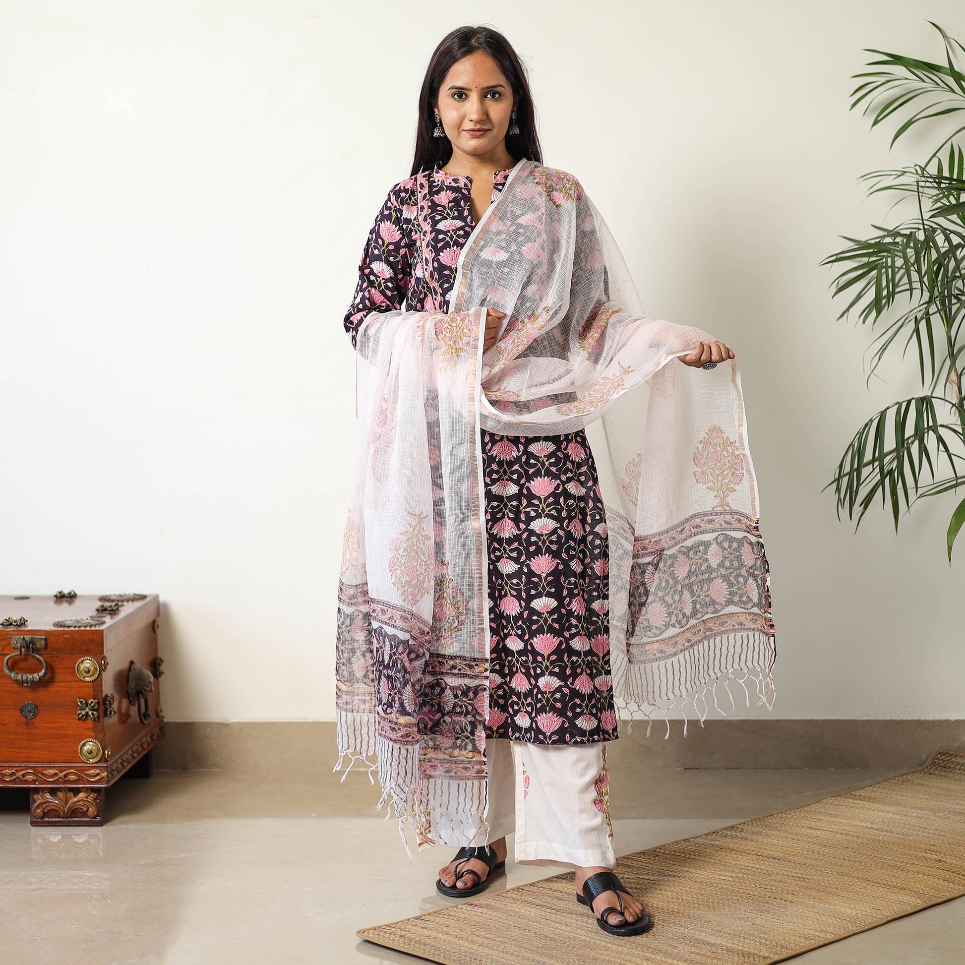 Black - Sanganeri Block Printed Cotton Kurta with Palazzo & Dupatta Set 16