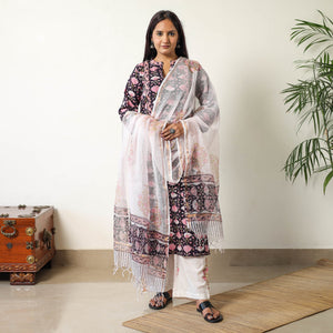 Black - Sanganeri Block Printed Cotton Kurta with Palazzo & Dupatta Set 16