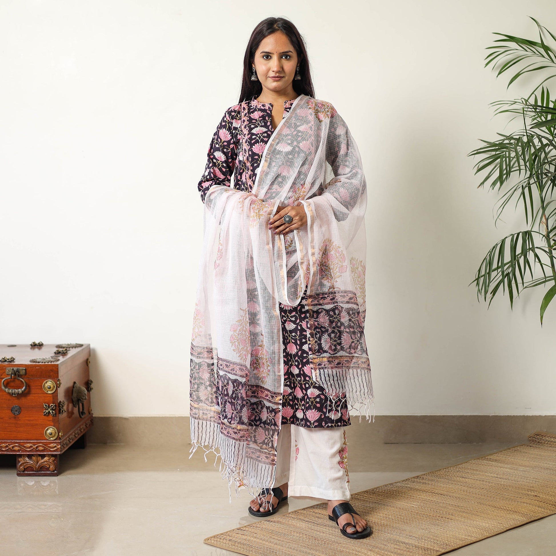 Black - Sanganeri Block Printed Cotton Kurta with Palazzo & Dupatta Set 16