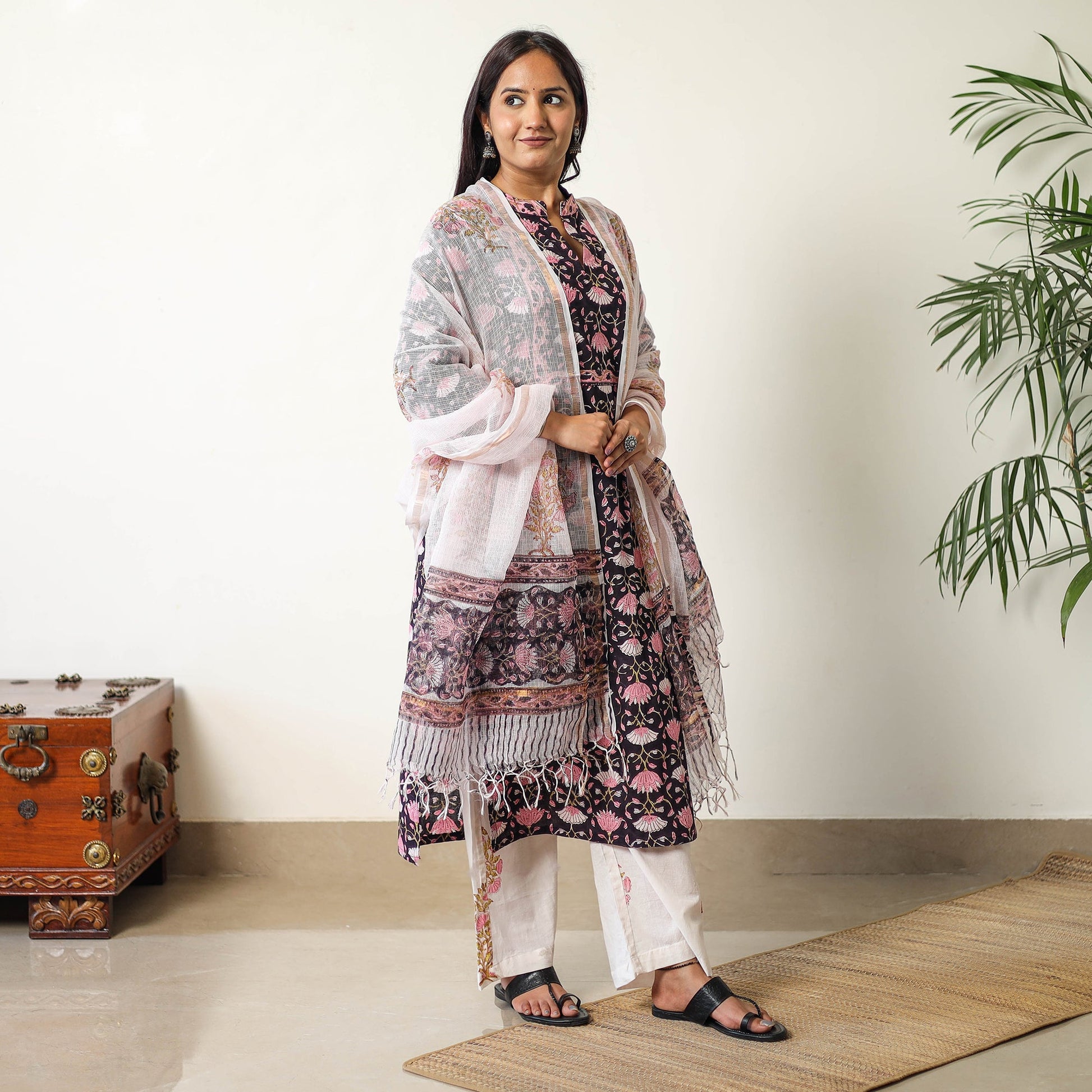 Black - Sanganeri Block Printed Cotton Kurta with Palazzo & Dupatta Set 16