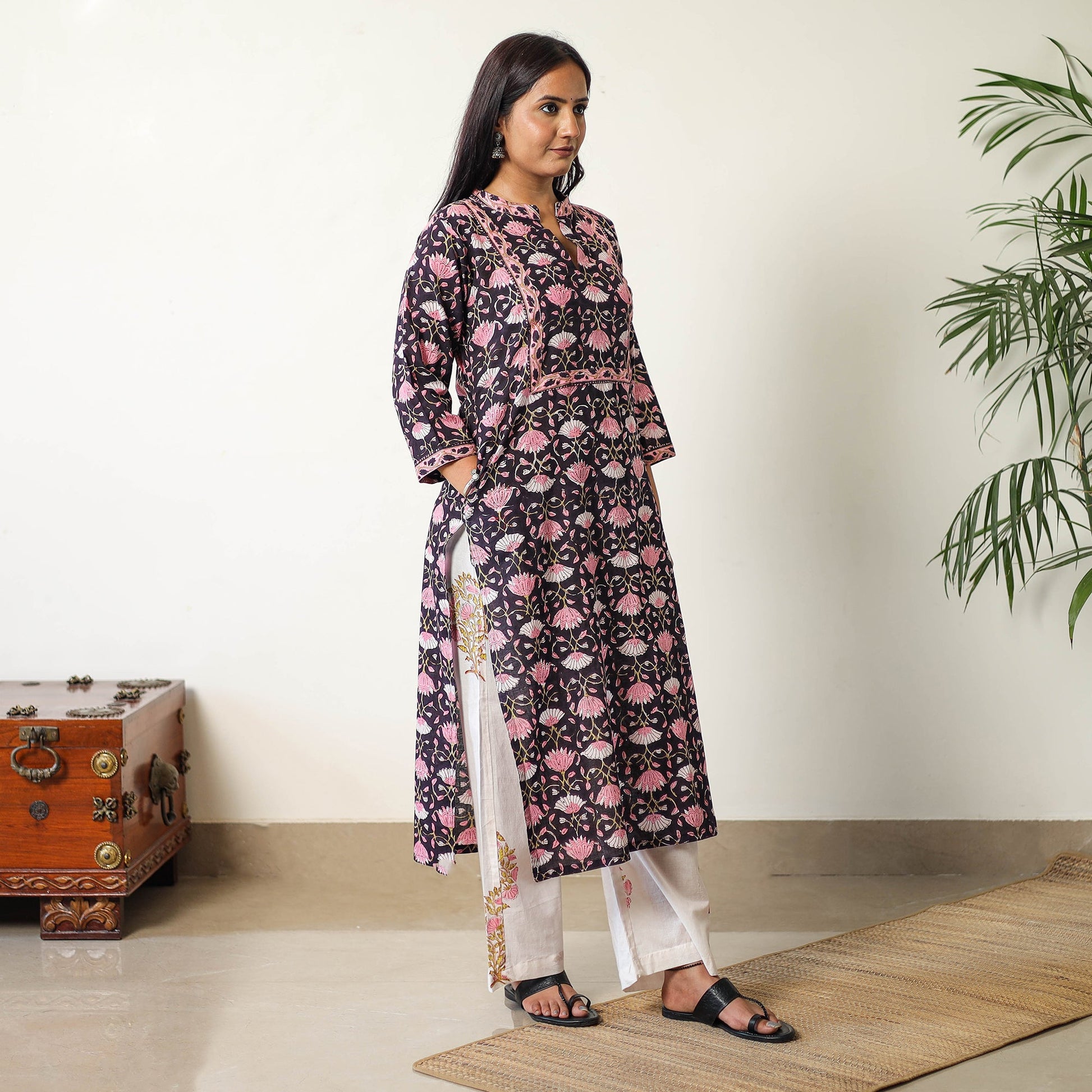 Black - Sanganeri Block Printed Cotton Kurta with Palazzo & Dupatta Set 16