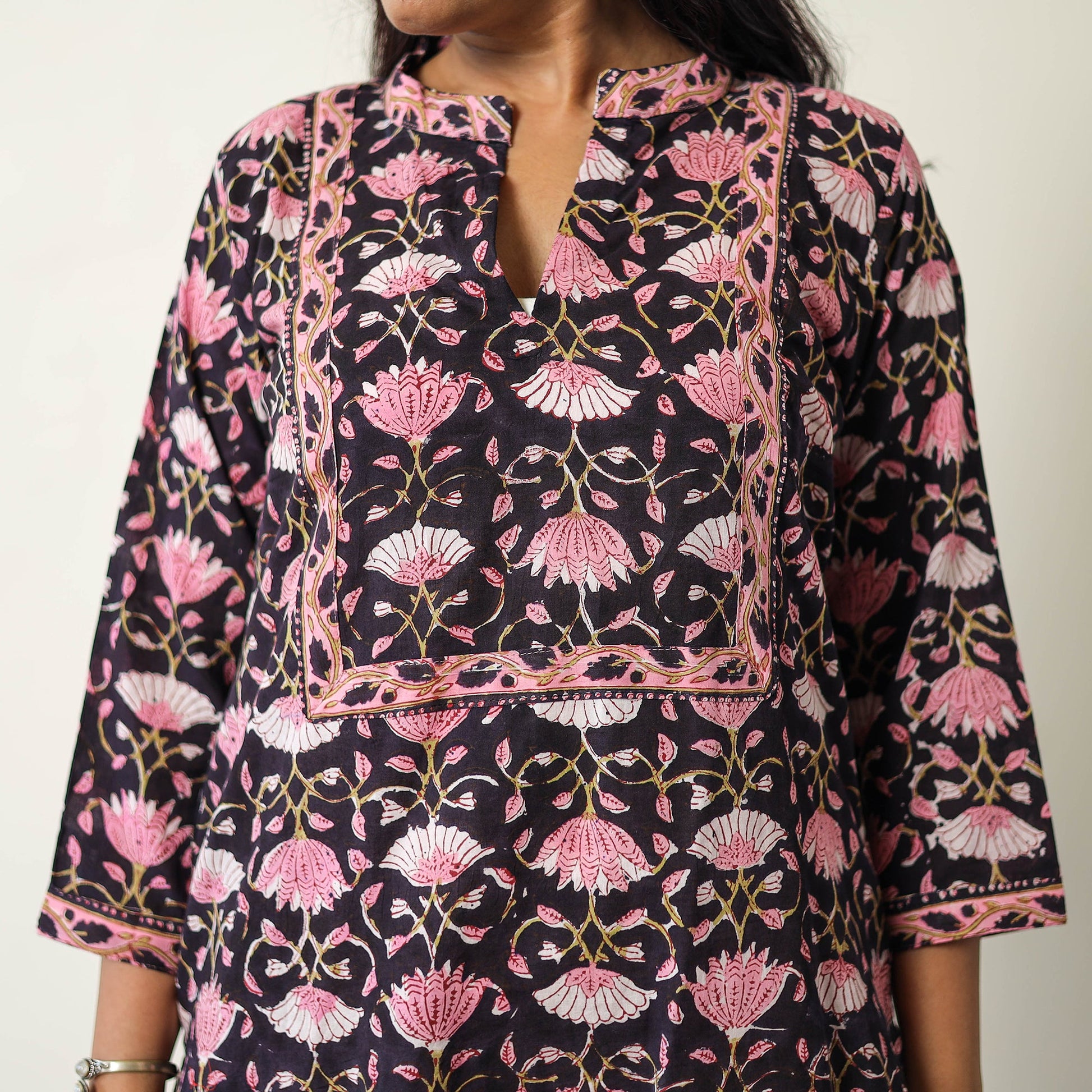 Black - Sanganeri Block Printed Cotton Kurta with Palazzo & Dupatta Set 16