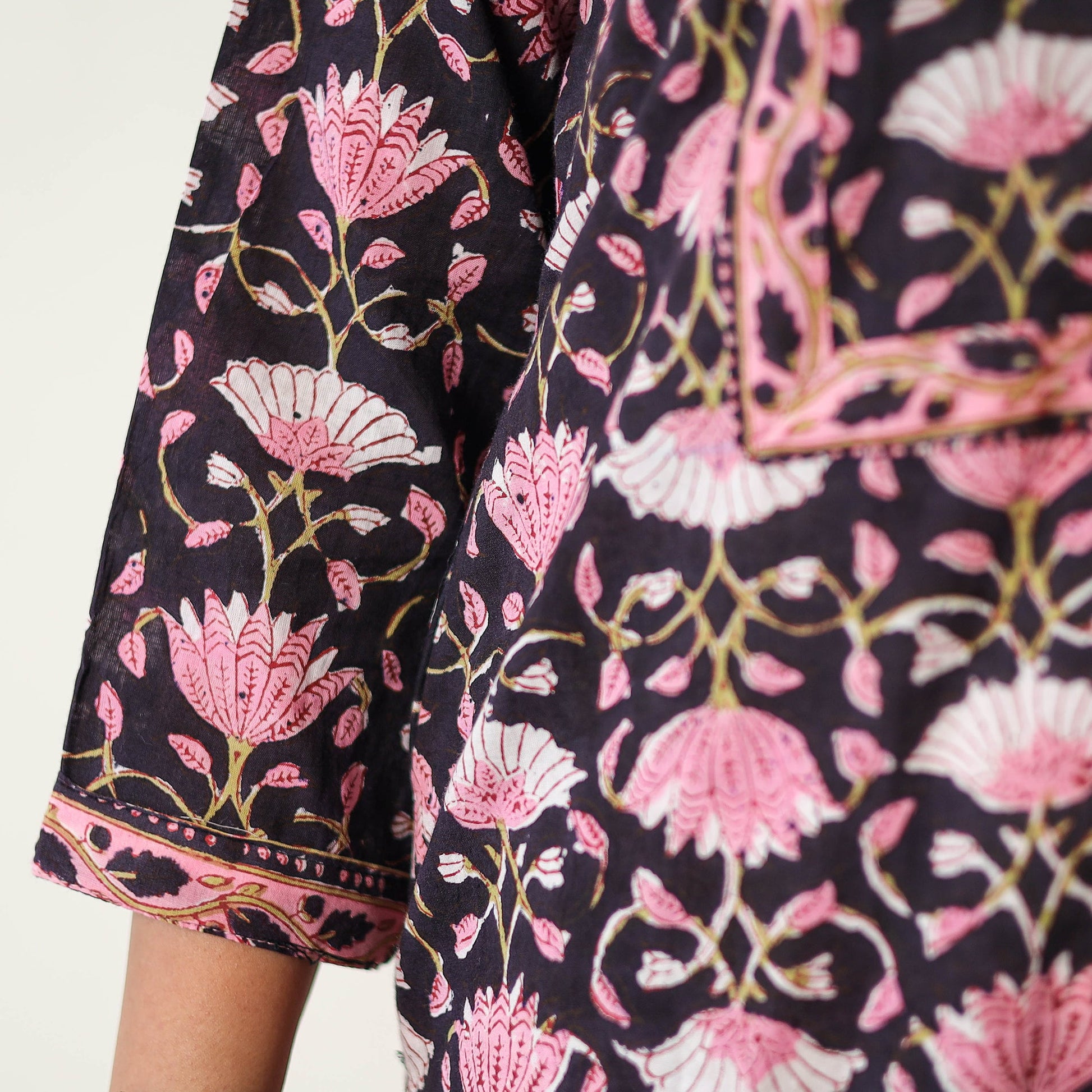 Black - Sanganeri Block Printed Cotton Kurta with Palazzo & Dupatta Set 16