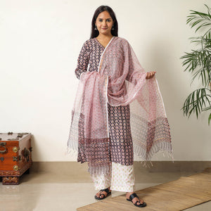 Black - Sanganeri Block Printed Cotton Kurta with Palazzo & Dupatta Set 09