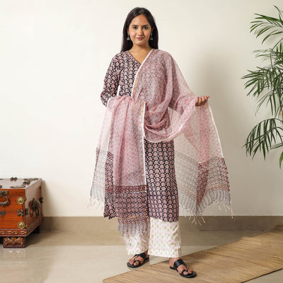 Black - Sanganeri Block Printed Cotton Kurta with Palazzo & Dupatta Set 09