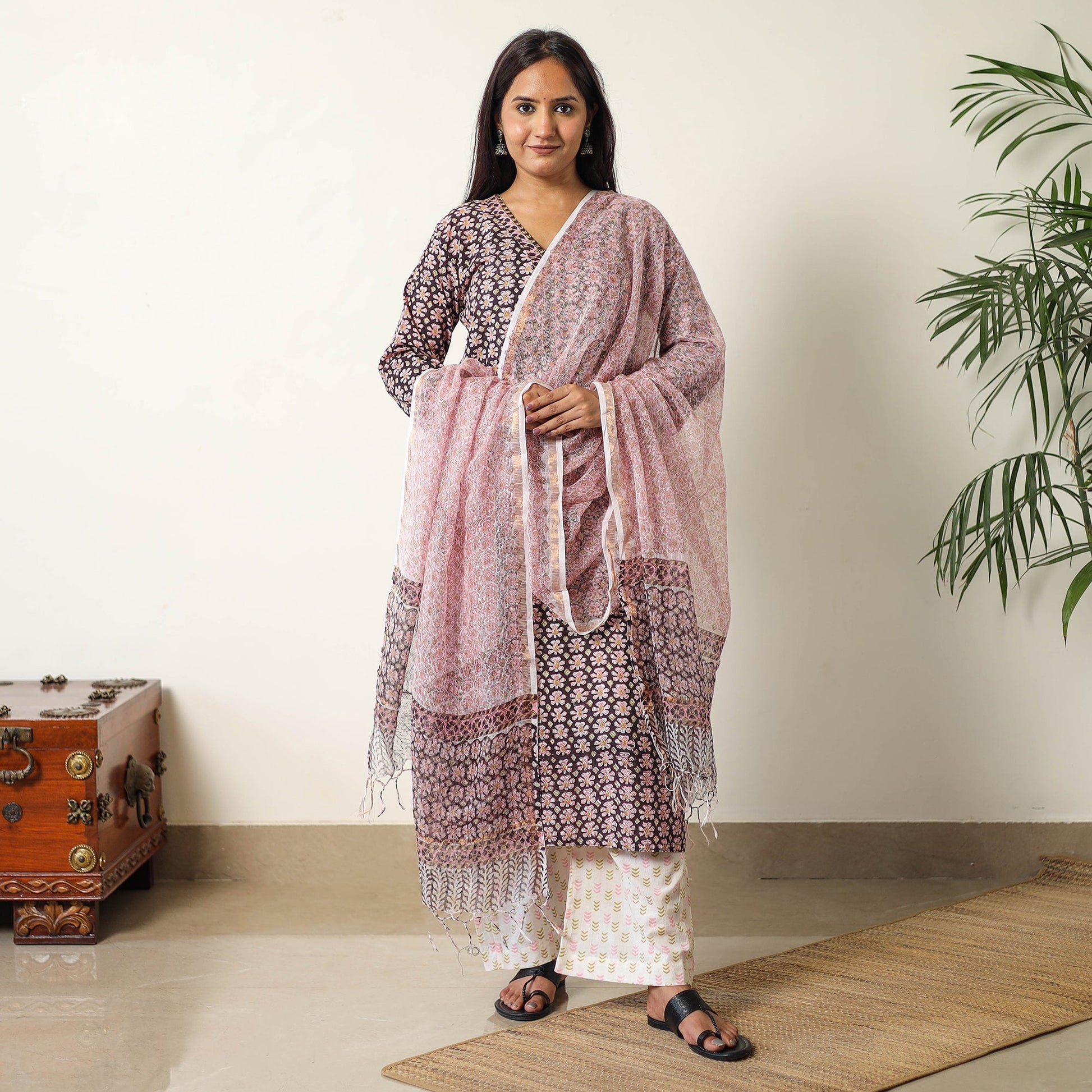 Black - Sanganeri Block Printed Cotton Kurta with Palazzo & Dupatta Set 09