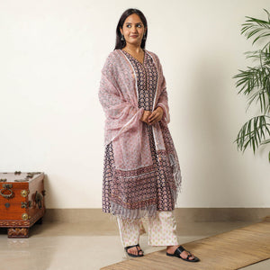 Black - Sanganeri Block Printed Cotton Kurta with Palazzo & Dupatta Set 09