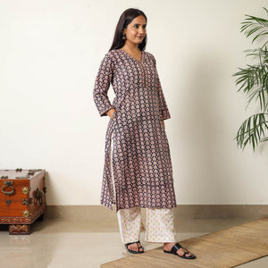 Black - Sanganeri Block Printed Cotton Kurta with Palazzo & Dupatta Set 09