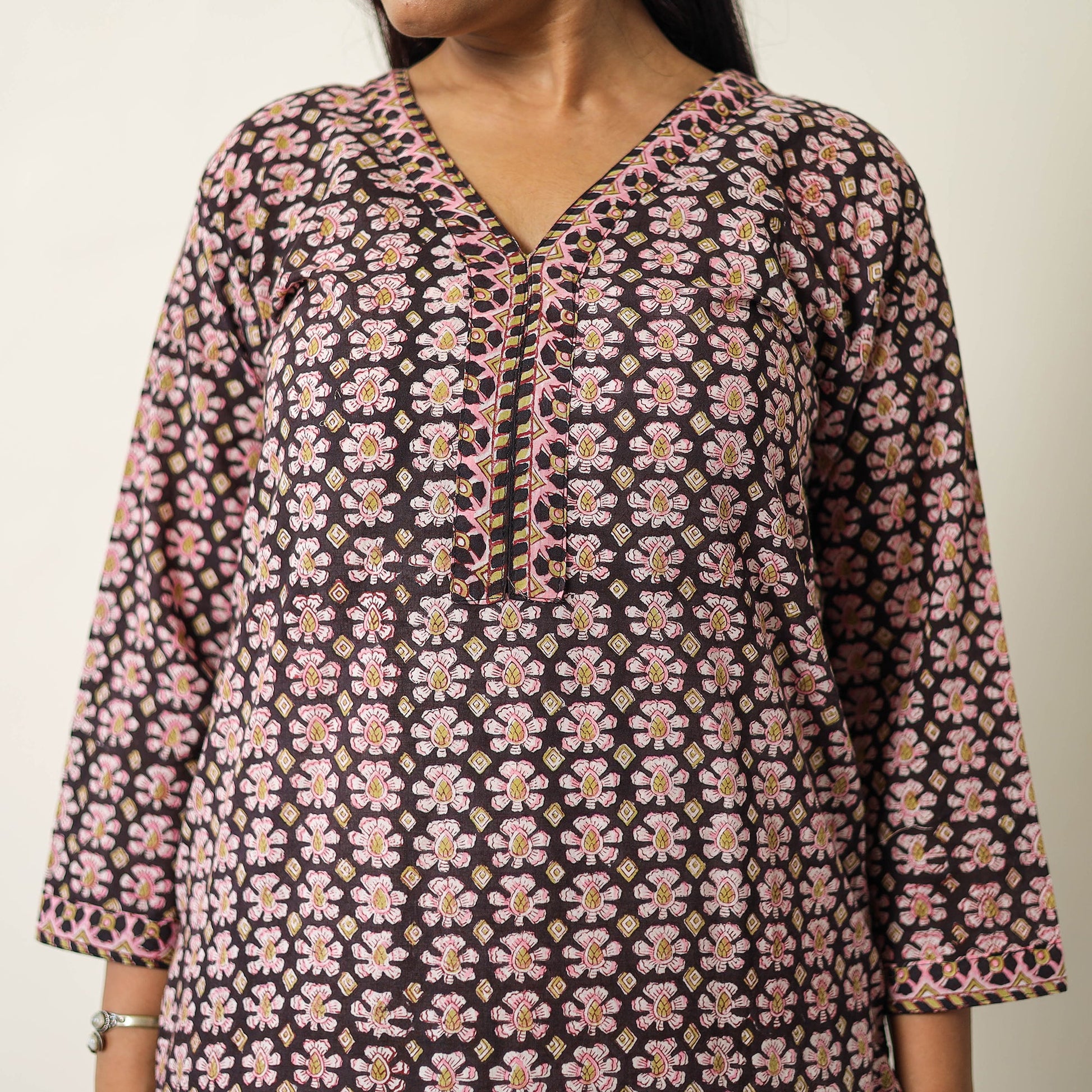 Black - Sanganeri Block Printed Cotton Kurta with Palazzo & Dupatta Set 09