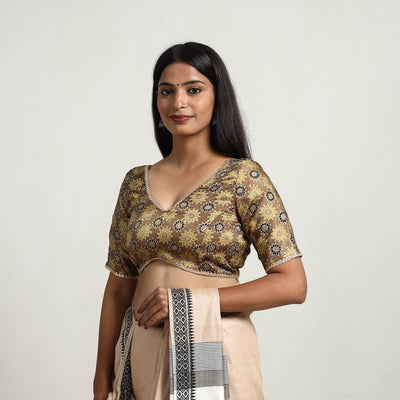 Brown - Modal Silk Block Print Stitched Ajrakh Blouse 12