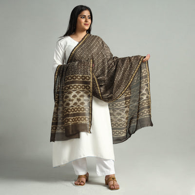 Brown - Akola Dabu Block Printed Handloom Chanderi Silk Dupatta with Zari Border 01