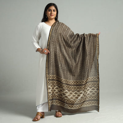 Brown - Akola Dabu Block Printed Handloom Chanderi Silk Dupatta with Zari Border 01