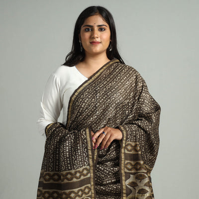 Brown - Akola Dabu Block Printed Handloom Chanderi Silk Dupatta with Zari Border 01