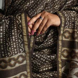 Brown - Akola Dabu Block Printed Handloom Chanderi Silk Dupatta with Zari Border 01