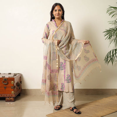 Brown - Sanganeri Block Printed Cotton Kurta with Palazzo & Dupatta Set 01