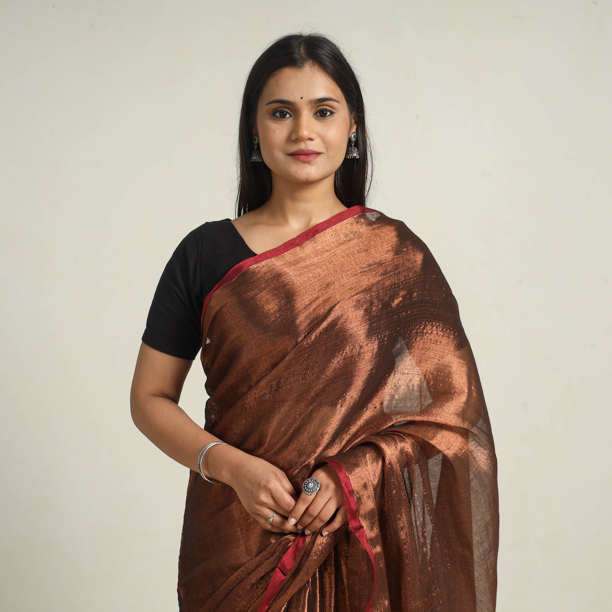 Brown - Bengal Fine Tissue Zari Saree 15