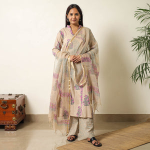 Brown - Sanganeri Block Printed Cotton Kurta with Palazzo & Dupatta Set 01