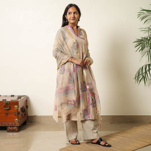 Brown - Sanganeri Block Printed Cotton Kurta with Palazzo & Dupatta Set 01