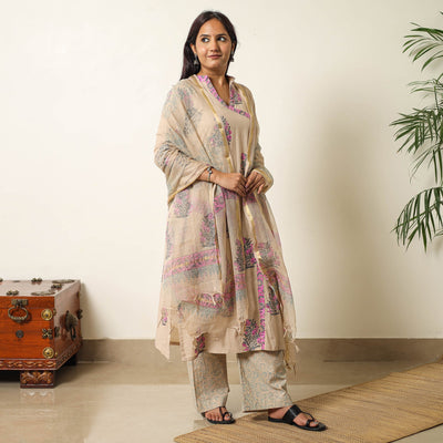 Brown - Sanganeri Block Printed Cotton Kurta with Palazzo & Dupatta Set 01