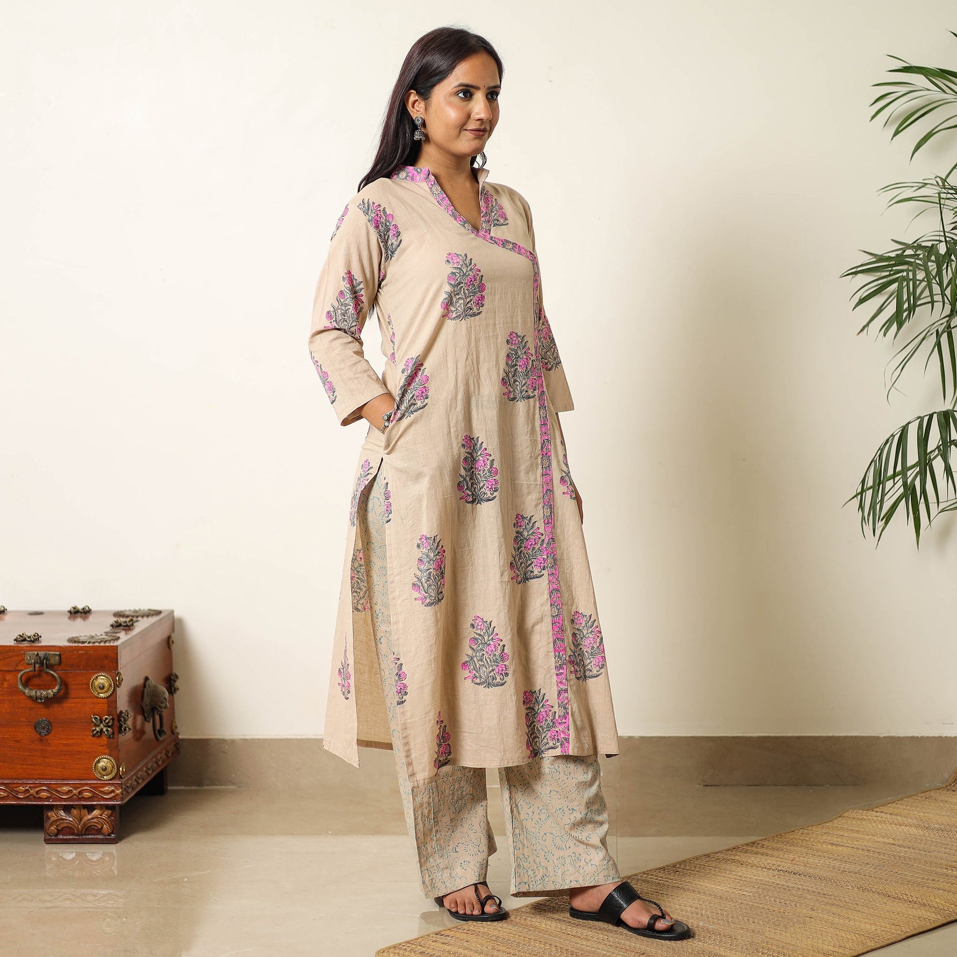 Brown - Sanganeri Block Printed Cotton Kurta with Palazzo & Dupatta Set 01