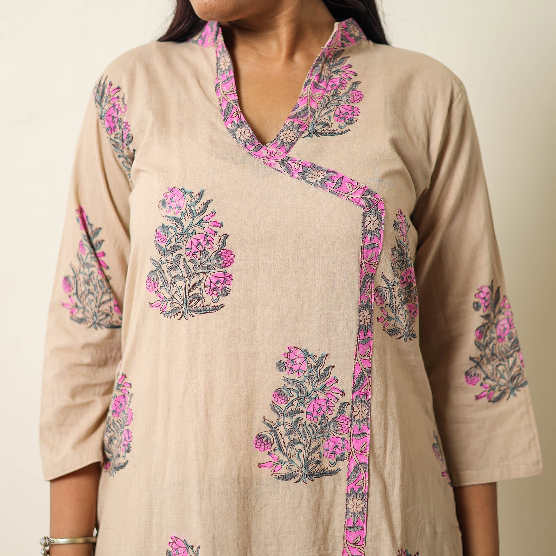 Brown - Sanganeri Block Printed Cotton Kurta with Palazzo & Dupatta Set 01