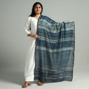 Blue - Akola Dabu Block Printed Handloom Chanderi Silk Dupatta with Zari Border 03