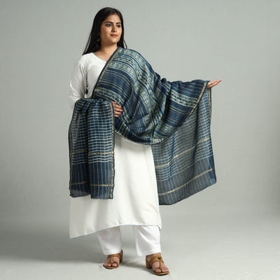 Blue - Akola Dabu Block Printed Handloom Chanderi Silk Dupatta with Zari Border 03