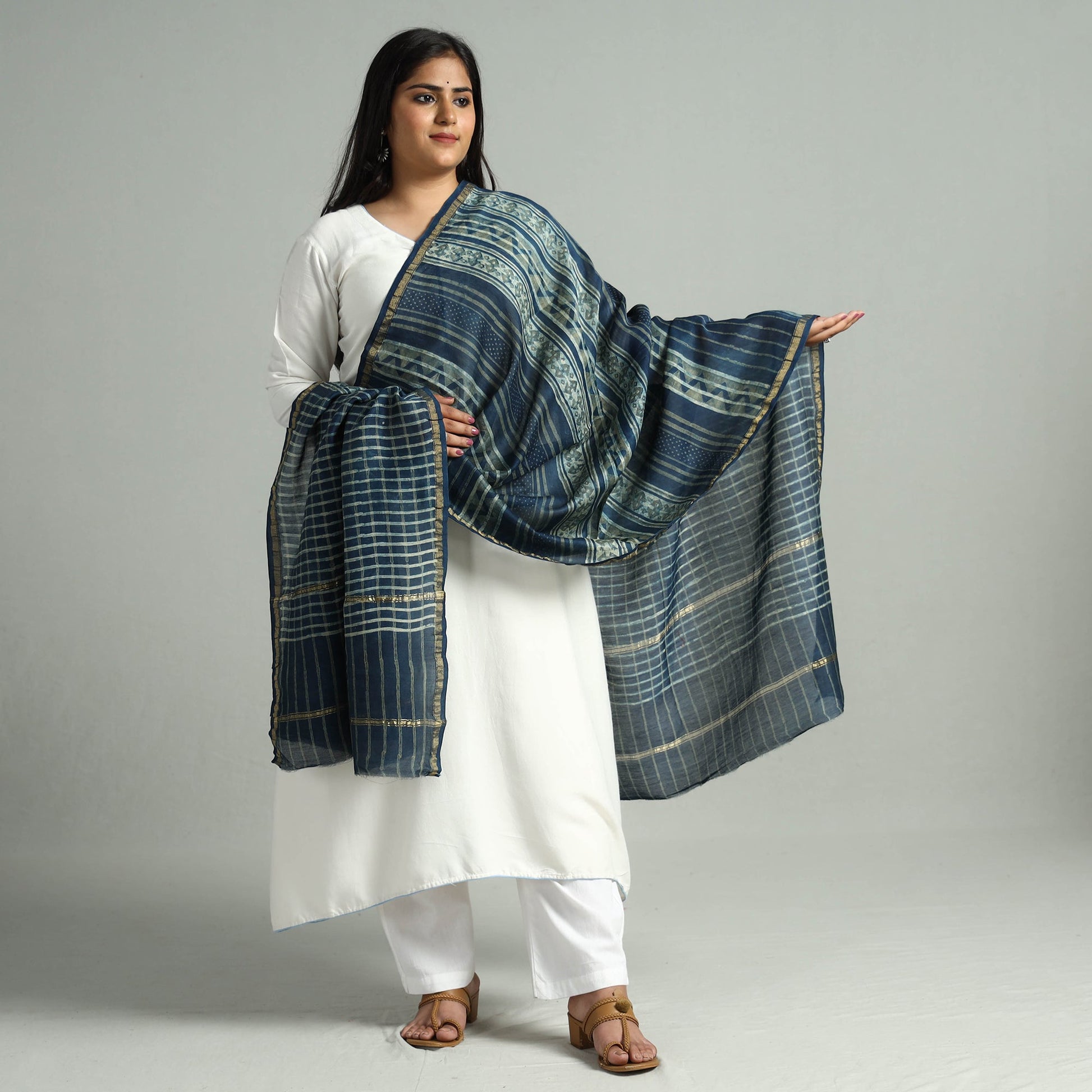 Blue - Akola Dabu Block Printed Handloom Chanderi Silk Dupatta with Zari Border 03